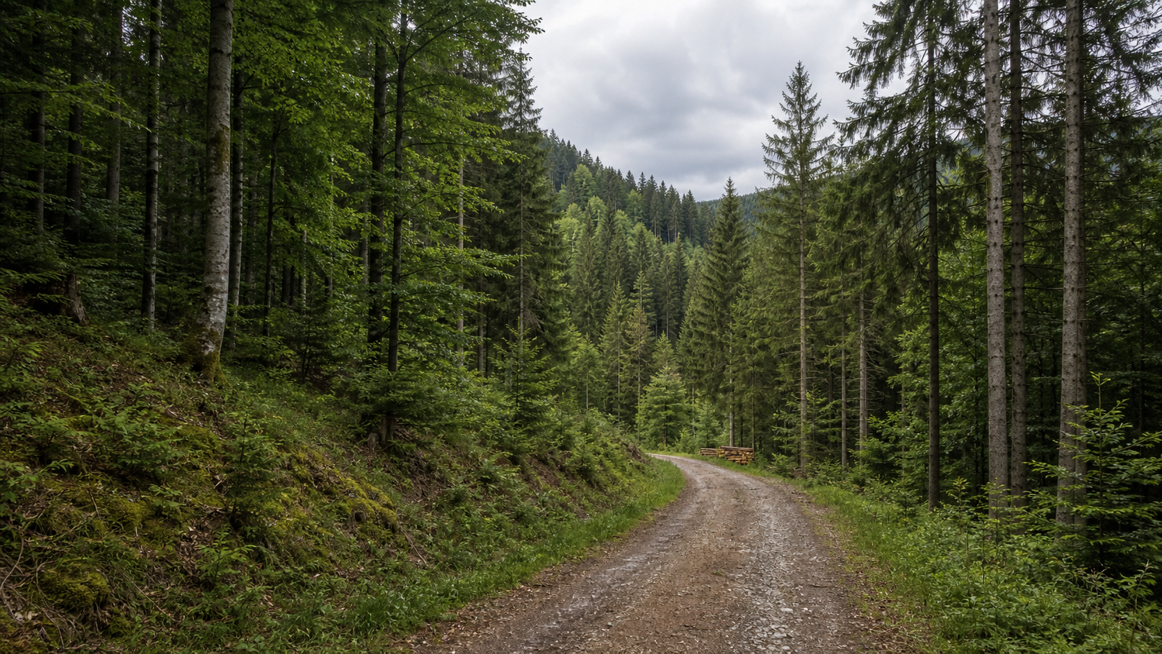 Gepflegter Forstweg in einem bewirtschafteten Wald.