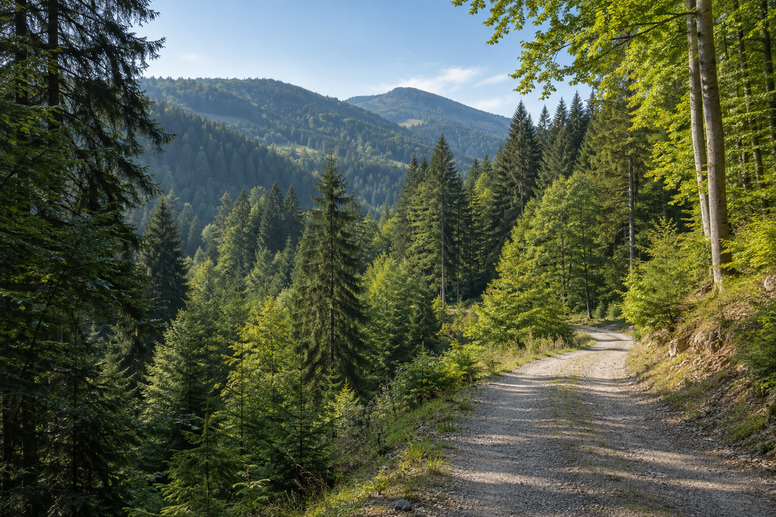 Forstweg am bewaldeten Hang mit Blick auf weitere Waldhügel