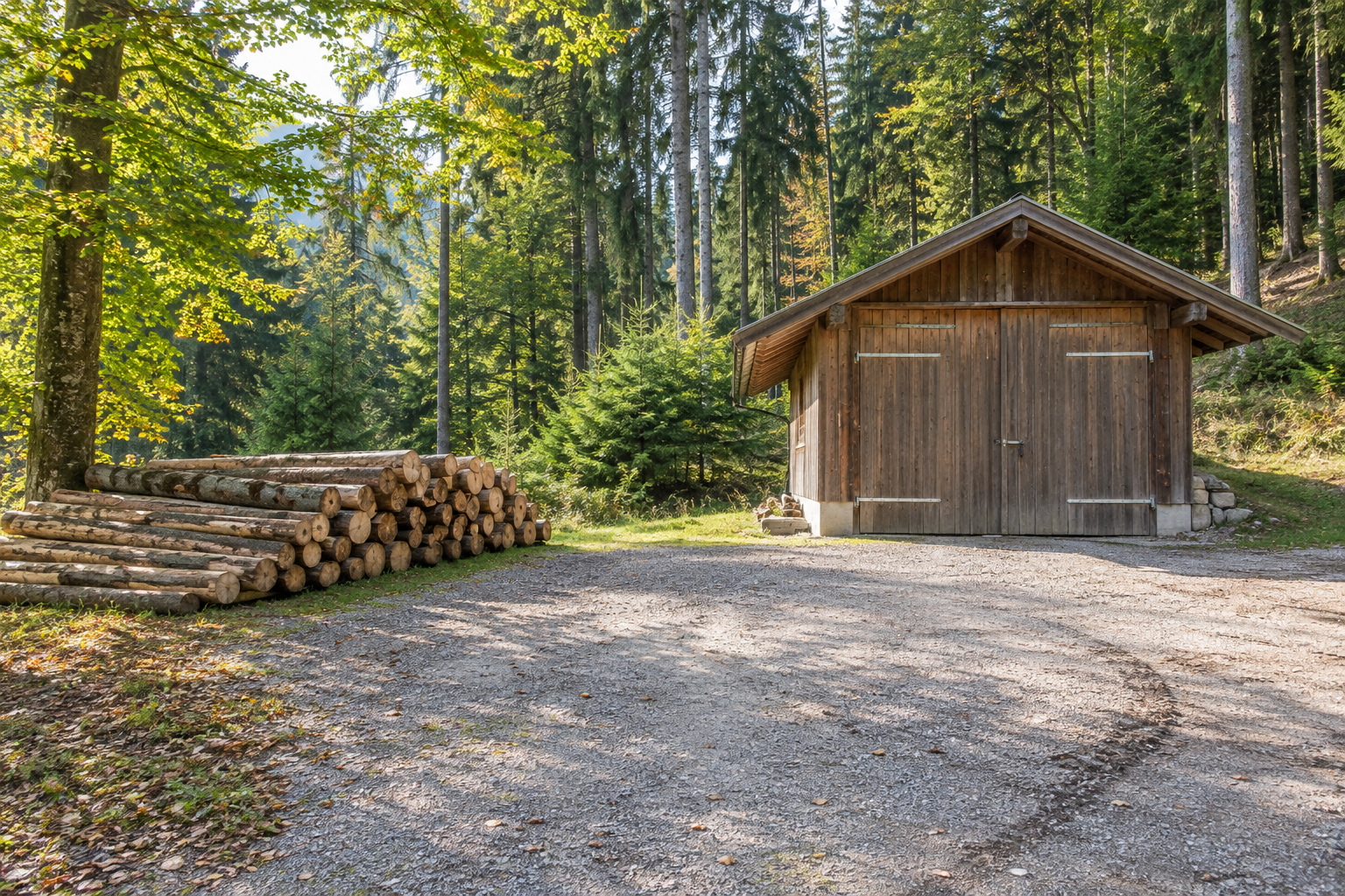 Forstschuppen mit Holzlager und Zufahrtsfläche
